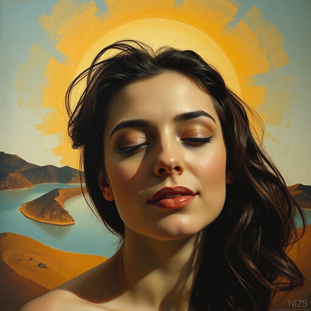 Surreal Portrait in Golden Light, Blending Reality and Fanta...