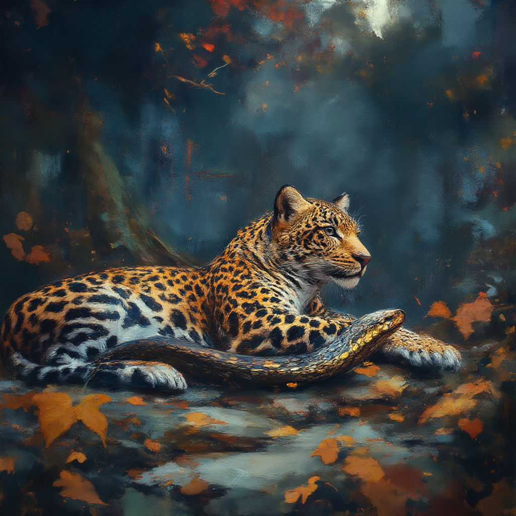 Leopard laying in the forest looking a snake