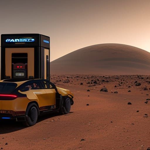 Gas station on Mars with steampunk cyborg attending spaceshi...