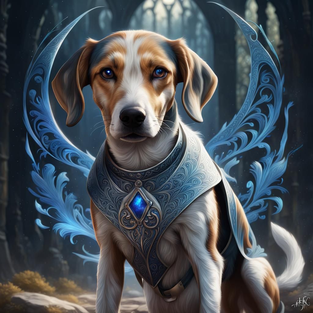American Foxhound in Spectral Calligraphy style, with blue a...