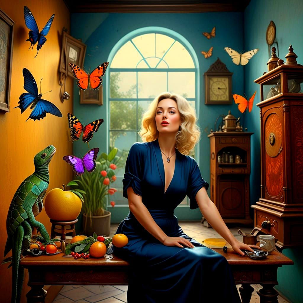 Surrealistic Lady in Whimsical Fantasy Scene