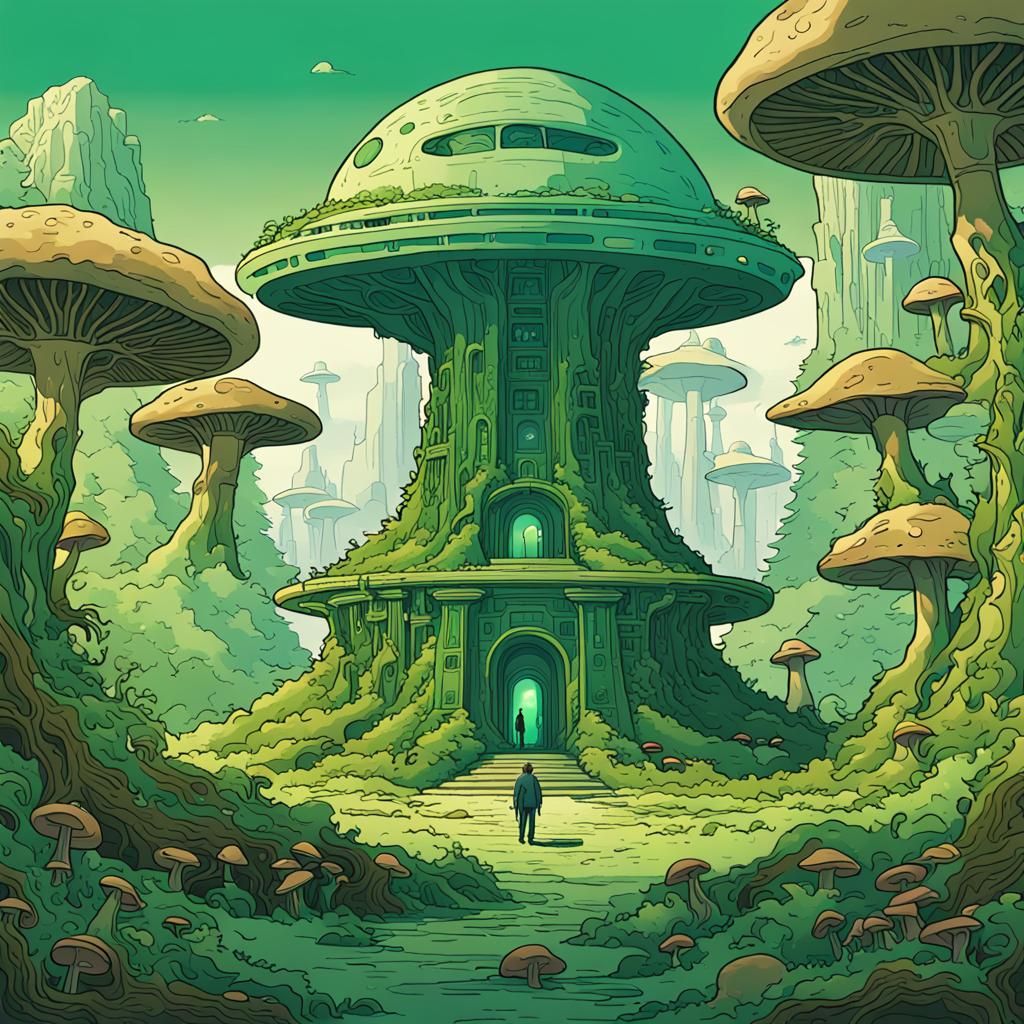 A green fantasy world with an abandoned alien monument in th...