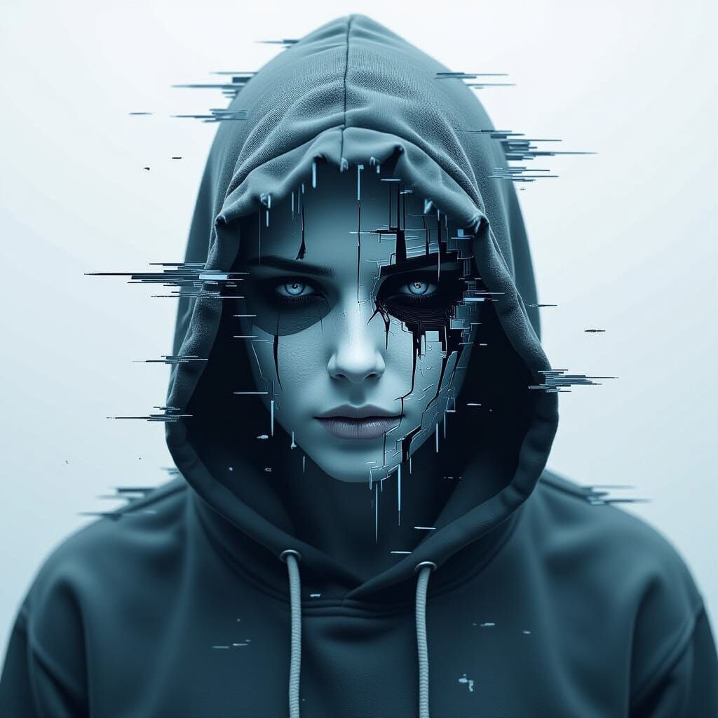 A surreal portrait of a human face slowly melting into digital static — the features dissolving into glitching lines, pixelated fragments, a...