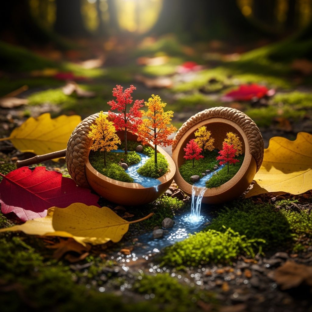 And acorn lies on the floor of a lush autumn forest, nestled in multicolored leaves. The acorn is cut ...  by @Torgotom