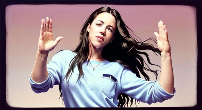 Alanis Morrisette with one hand in her pocket and the other ...