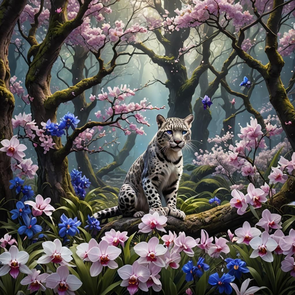 Orchids and Purple and Blue Iris Flowers in a Cherry Blossom Forest that's starting to bloom, with Orchid ...  by @undefined