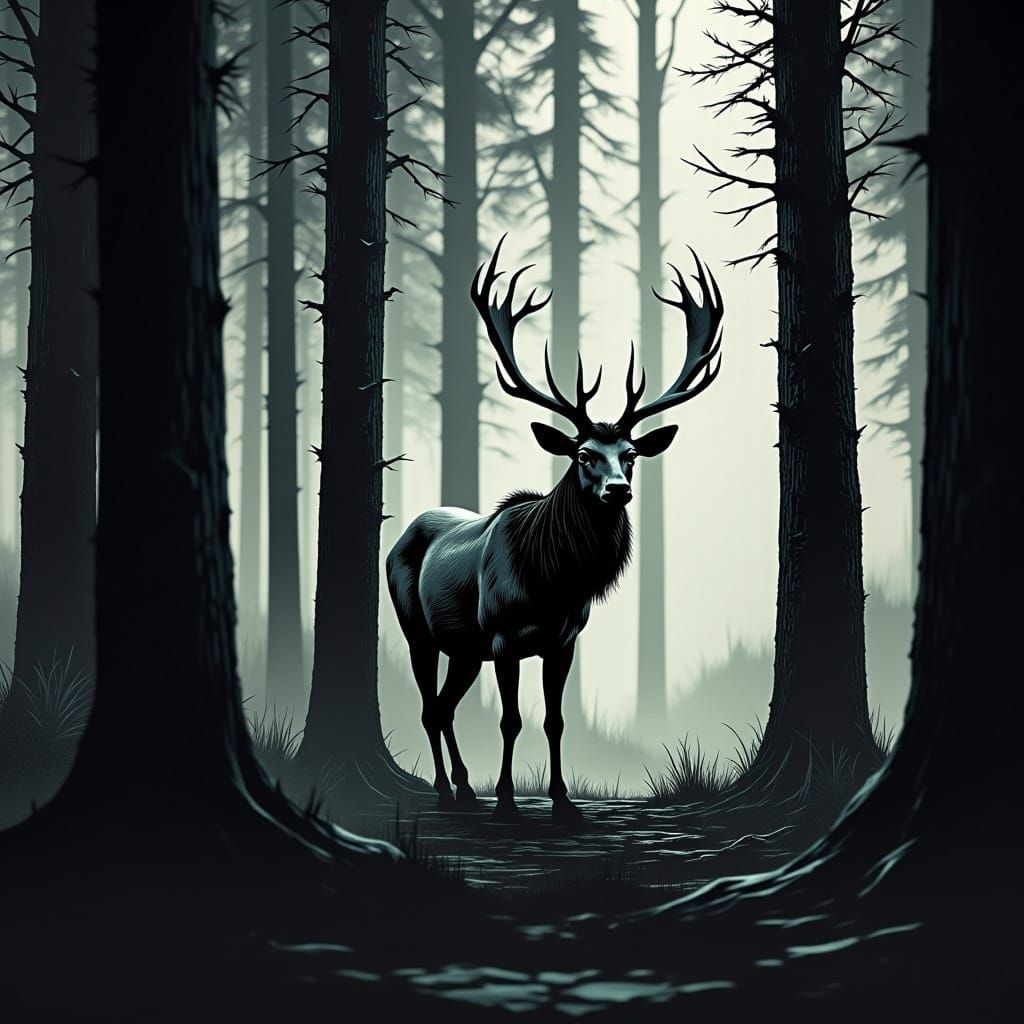 <lora:Glitchcore Flux:1.0> An elk behind some trees in a forest
