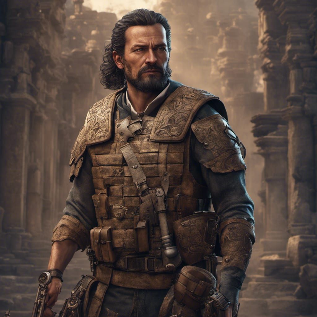 Hernan cortes with modern tactical weaponery and a tan bulle...