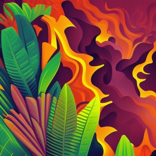 tropical jungle exotic vibrant flowers  detailed Volcano eru...