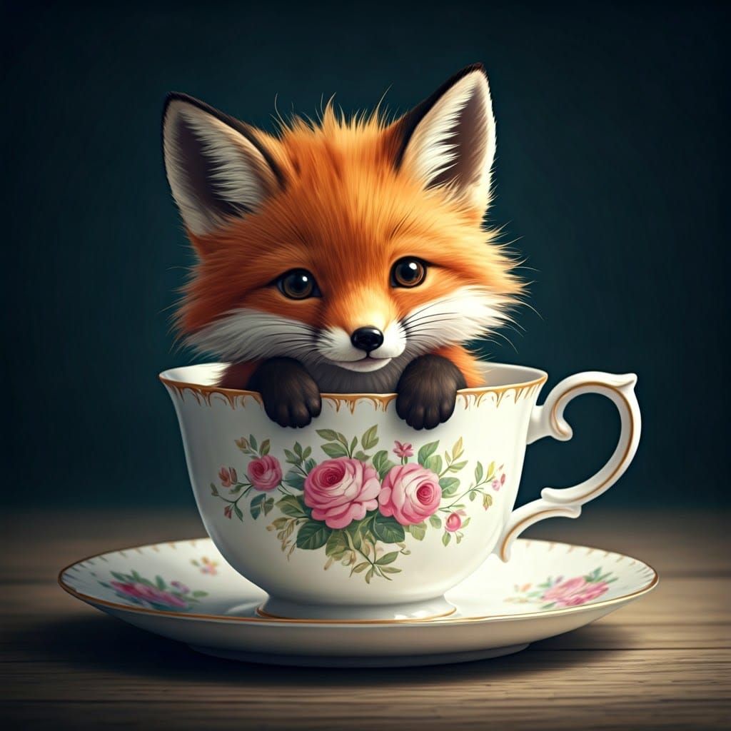 Fox Peeking From Teacup: Whimsical Watercolor Illustration