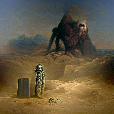 Monolith in the desert and a monkey standing beside it with a sword ...