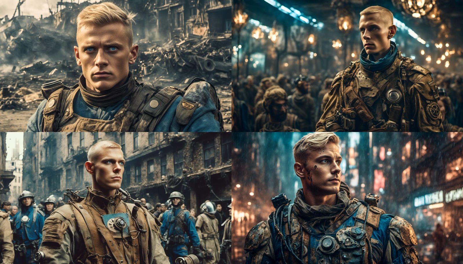 <lora:Fine Sci-fi:1.0> Handsome soldier, blonde buzzcut, blu...