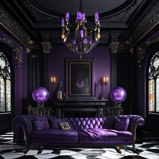 Luxurious Gothic living room with purple walls and black accents ...