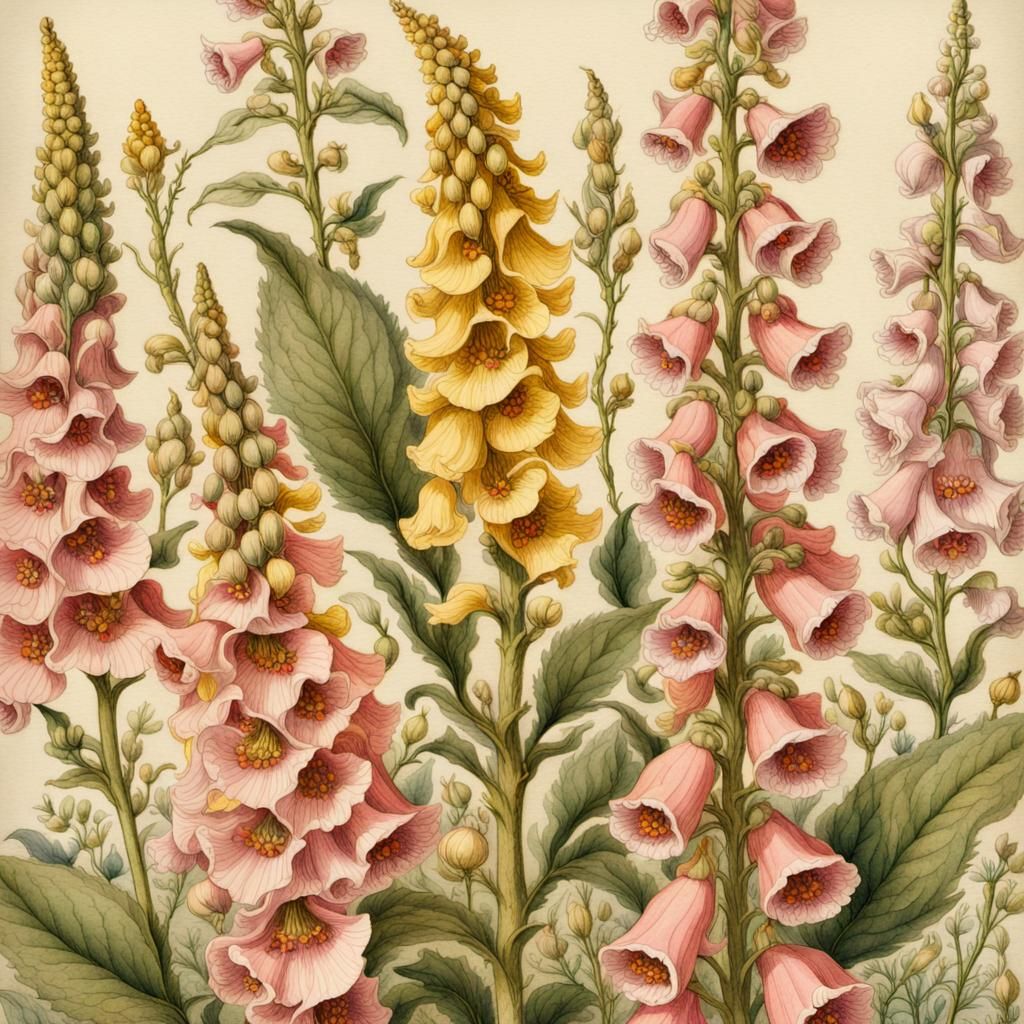 foxglove, Vintage Botanical Flowers, botanical watercolor drawing on an