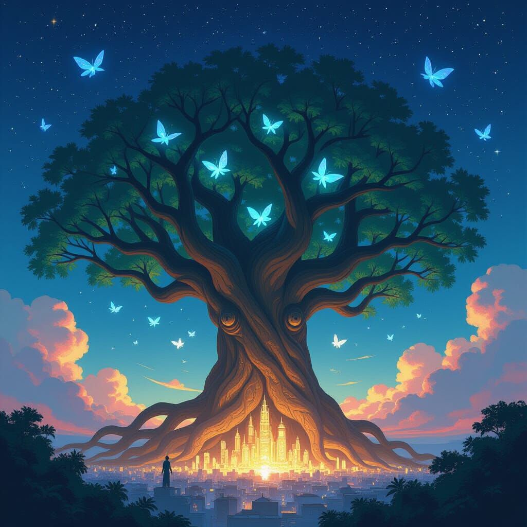 A colossal, ancient tree with roots that delve into a city made of pure light, its branches reaching into a starry, alien sky. Luminescent c...