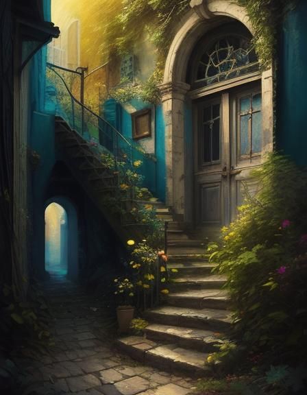 a painting of a stairway leading to a building, atmospheric ...