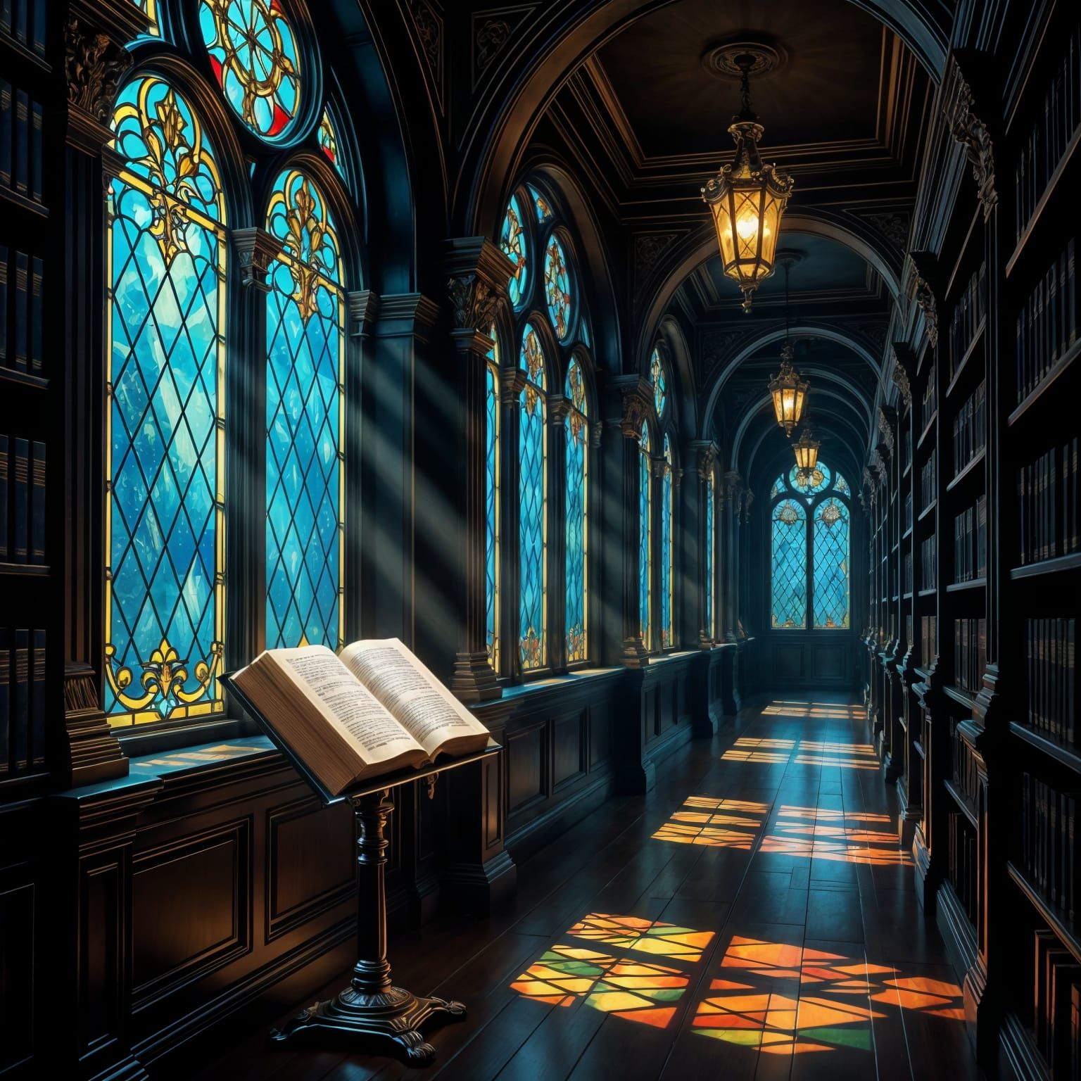 Enchanted Library Hallway in Dark Fantasy Style