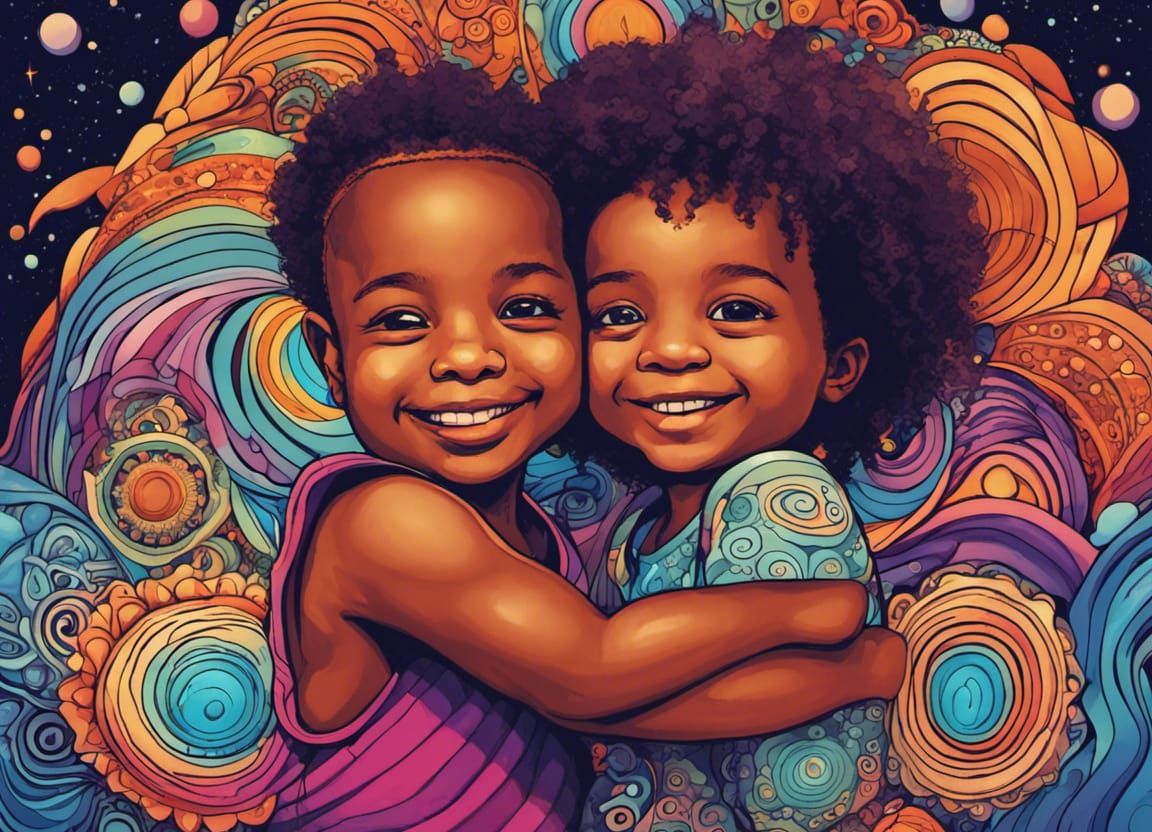 Astro-Afrofuturistic Toddlers Hugging in Airplane