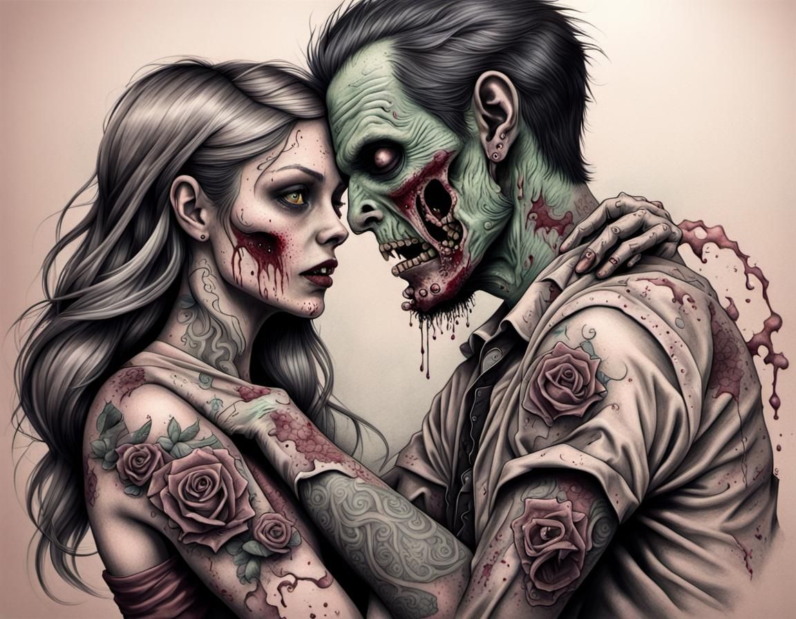 Eerie zombie marital problems tattoo drawing