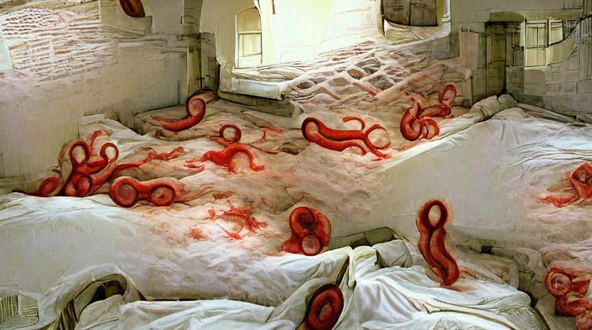 Many red fleshy tentacles born from a man full of stains and pustules are moving upon a white bed of a medieval hospital...