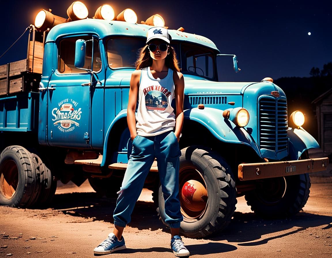 18 year old woman, wearing sunglasses, wearing baseball-cap,...