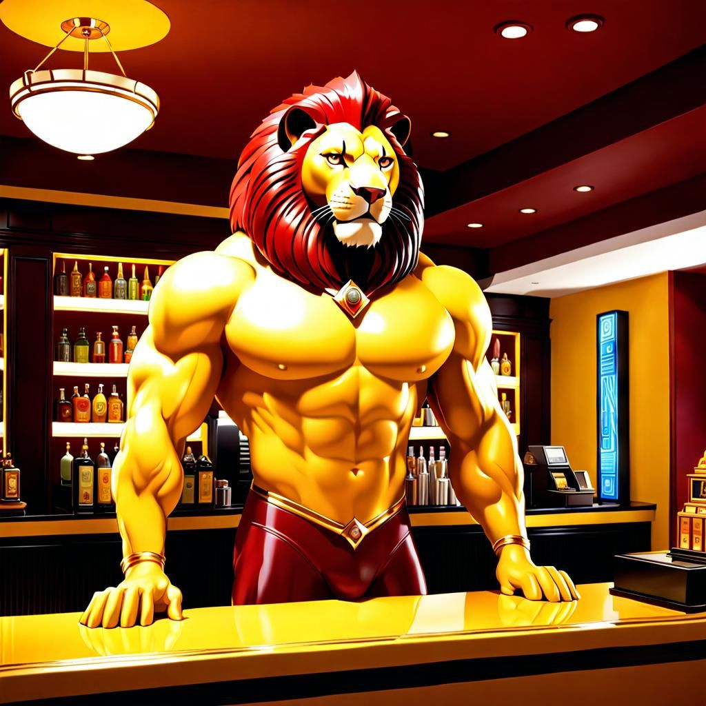 muscled lion-headed bodybuilder concierge behind the counter...