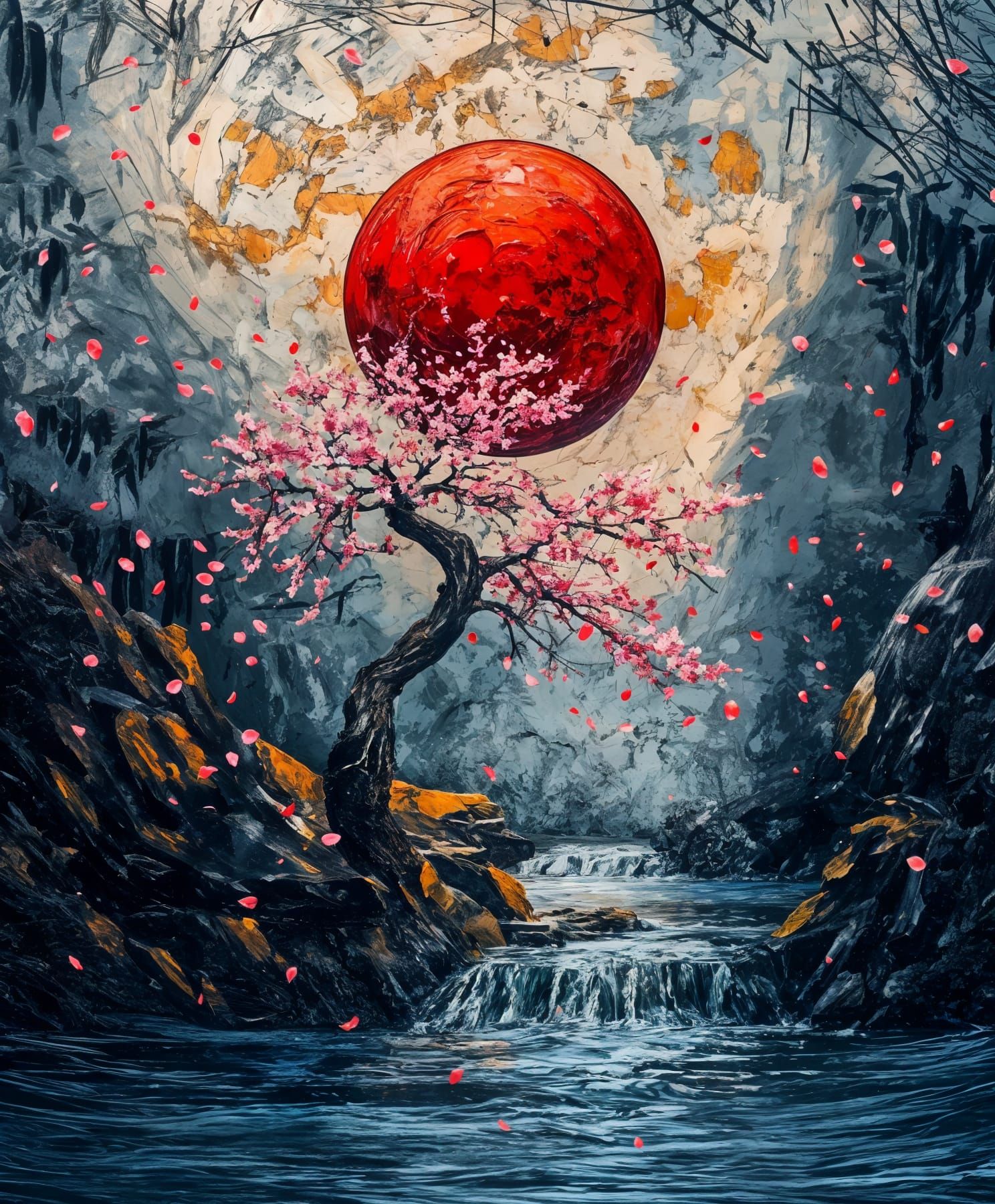 Crimson Eclipse over Sakura Falls