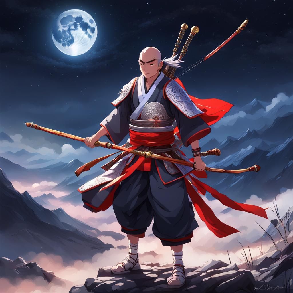 Anime warrior archer zen monk, wearing a silver and red kimono on a ...