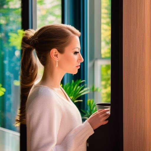 "blonde Woman deep in thought in front of a window, style of...