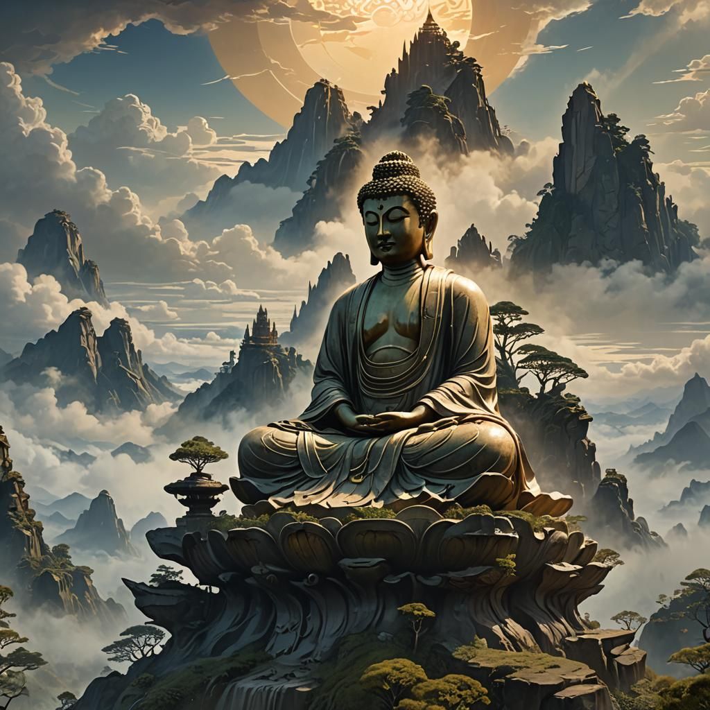 Buddha Meditating on Mount Sumeru in Art Nouveau Style