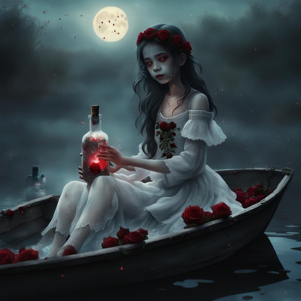 Very realistic. Night. Gothic. Little gothic  Girl in white dress sitting on the wooden boat in the dark lake and wearing fireflies in glass...