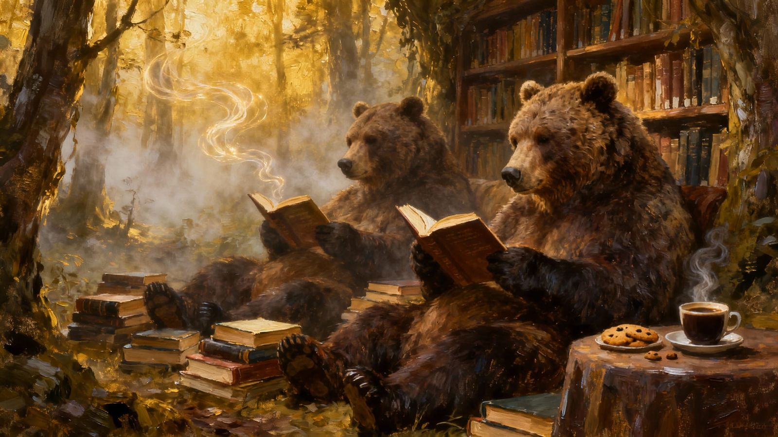 textured oil painting with visible brush strokes of magic. Grizzly bears lounge around a hidden library, ...  by @The Carlyle