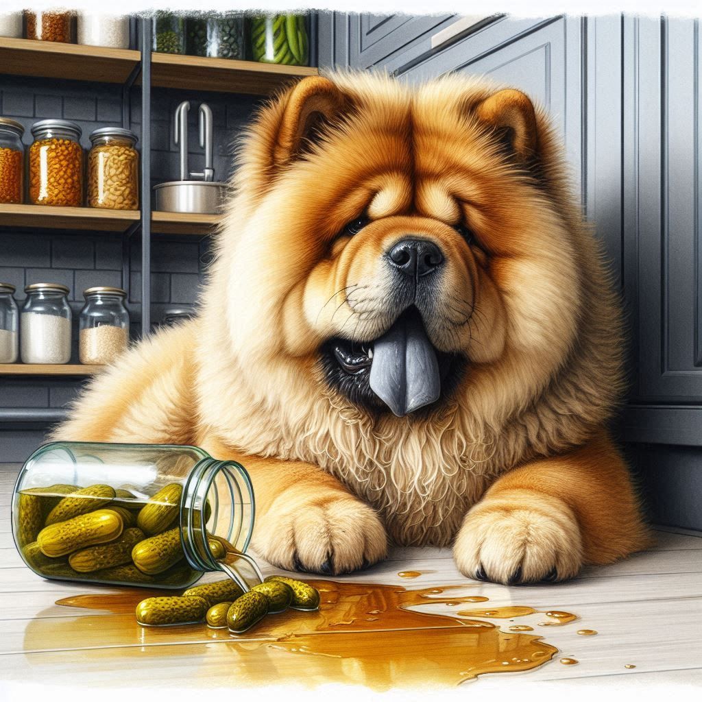 Chow chow dog and overturned jar of pickles...