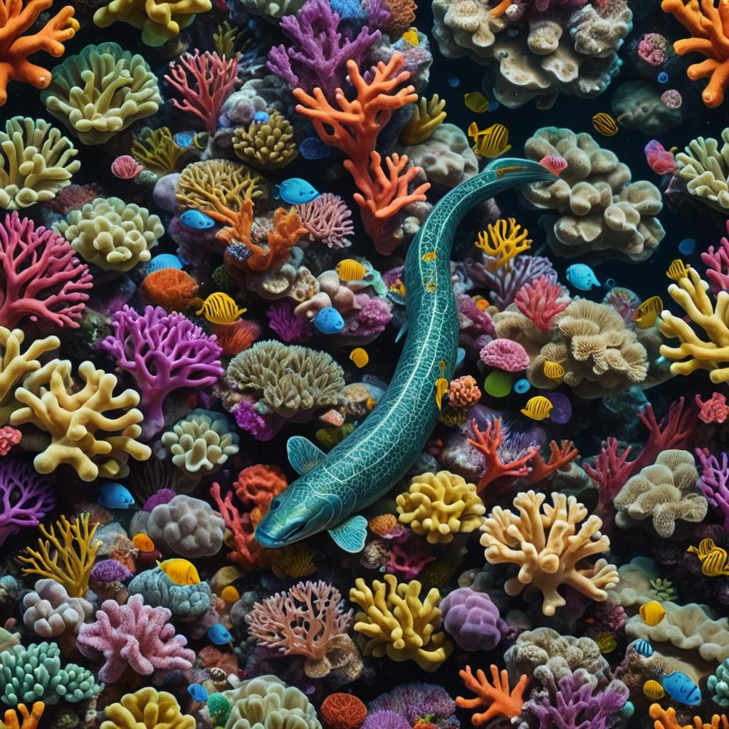 A vibrant eel fish weaving through colorful coral reefs, int...