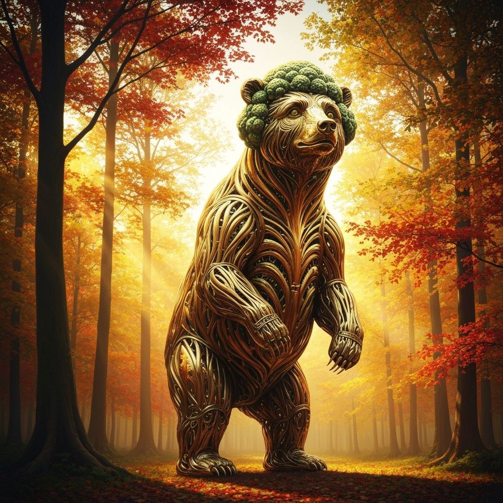A large brass broccoli bear in an autumn forest 