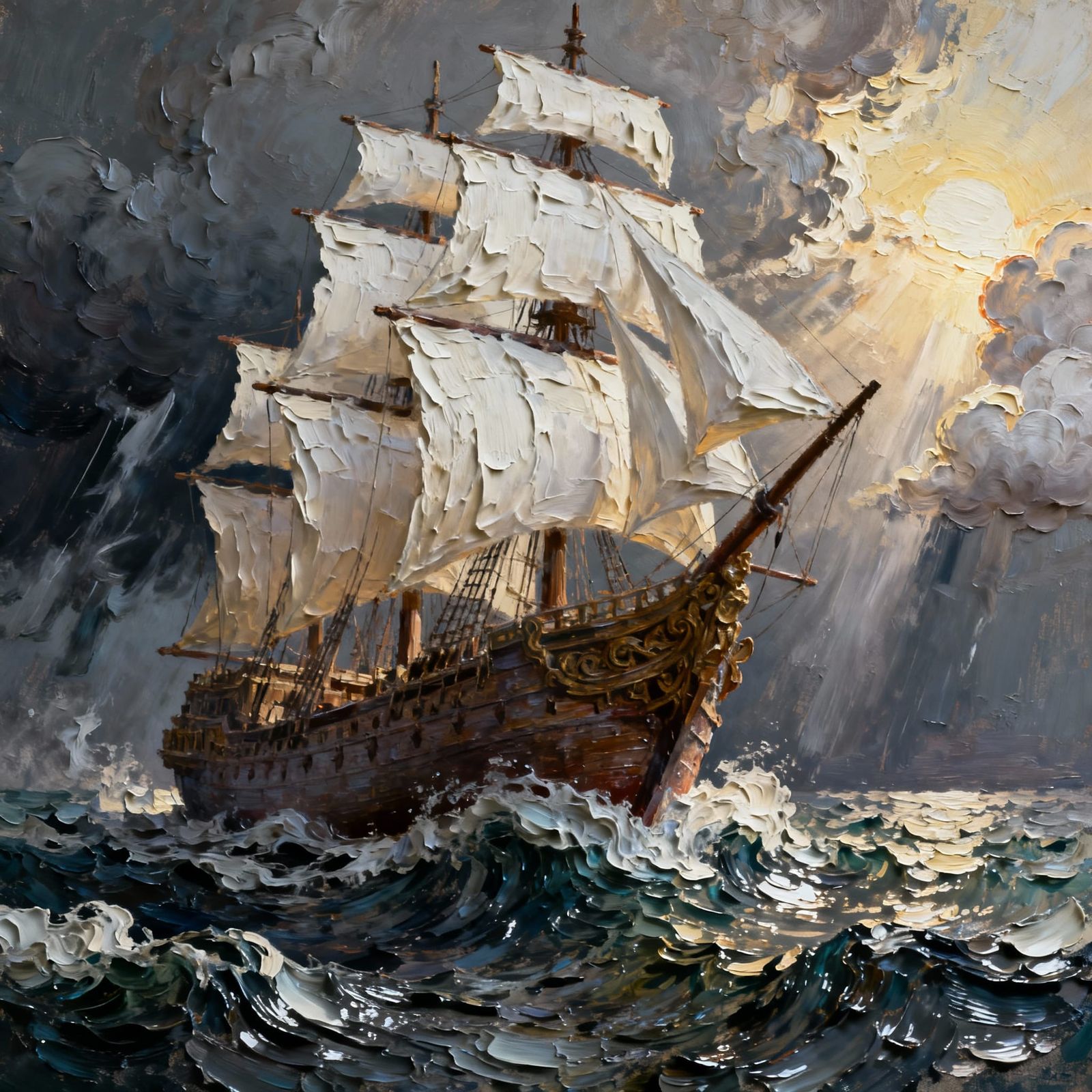 Impasto Ship in Stormy Seas - Bold Texture