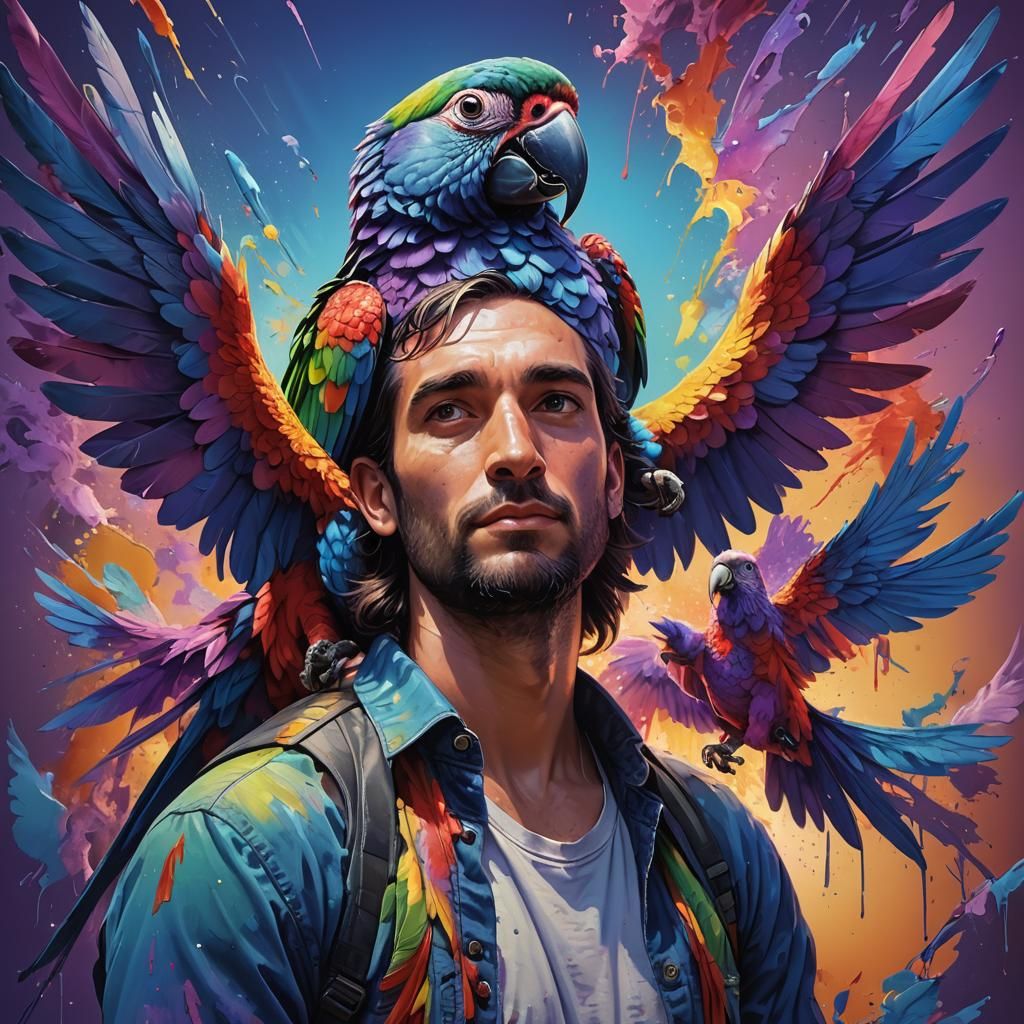 Parrot with wings of blue and purple sitting on the shoulder...