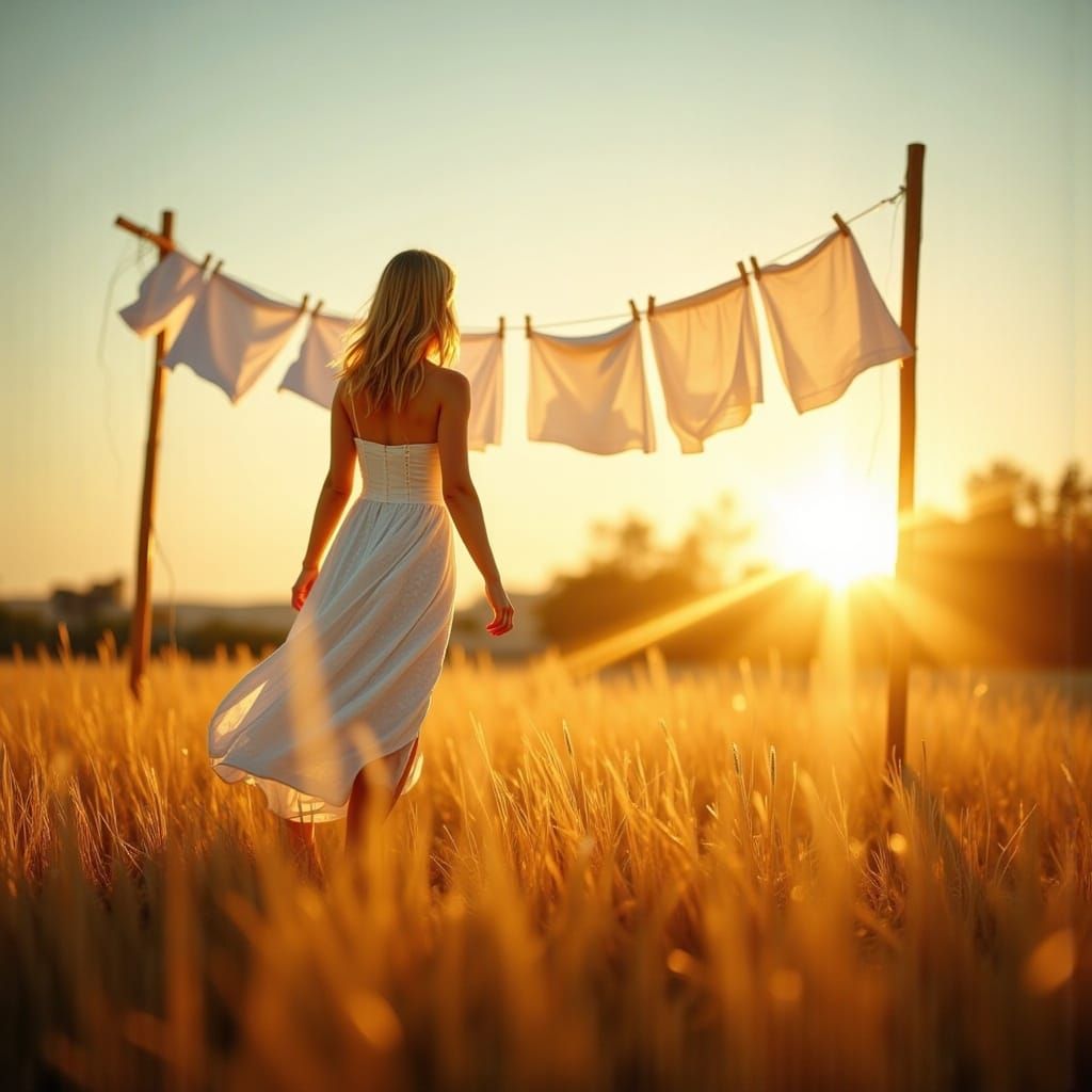 <lora:HyperPhotoRealism:1.0> a beautifully back lit girl in a sundress standing in an open field, smelling fresh laundry off of the clothesl...