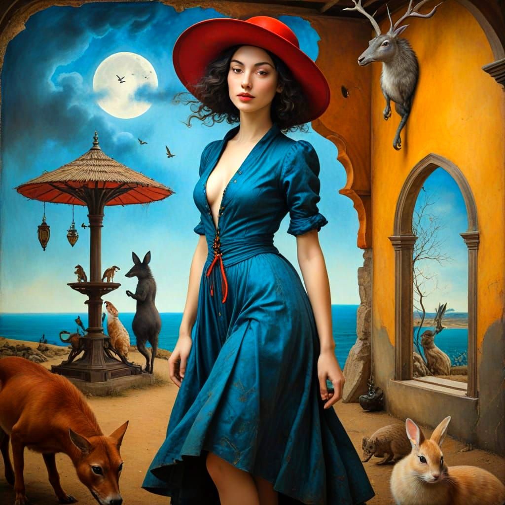 Medieval Lady Enchants Fantasy Creatures in Whimsical Landsc...