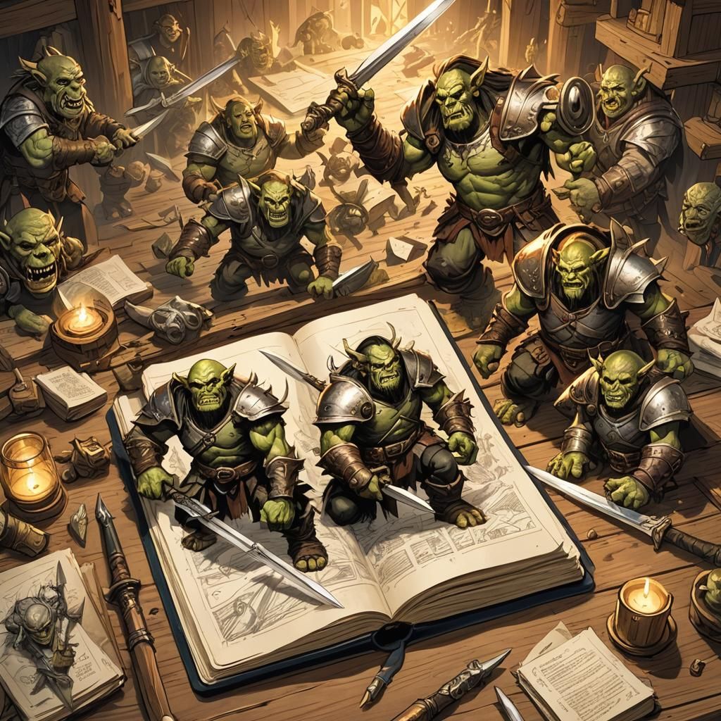 a sketch book visible in the book are orcs swords aloft,  ready to battle 