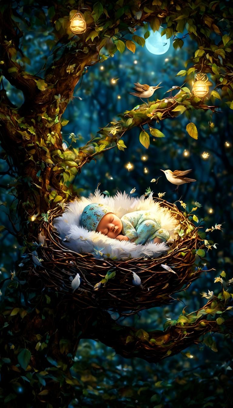 A small baby sleeping peacefully in a cozy nest made of soft...