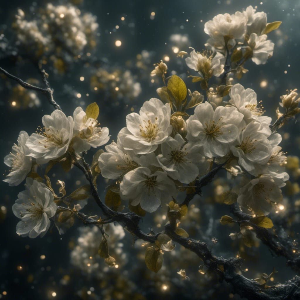 Glowing Apple Blossoms Flourishing in Charred Landscape