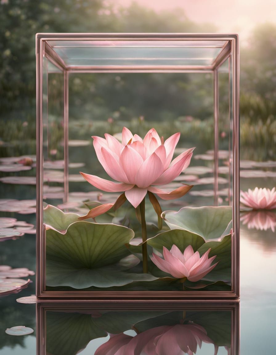 Miniature Pond in Glass Box on Lily Pad