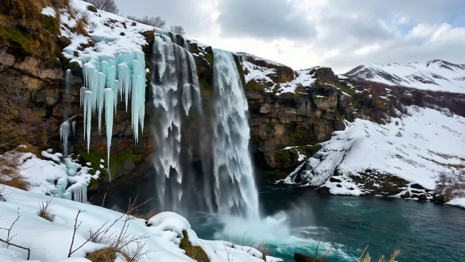 Great waterfall in a desértic Frozen world