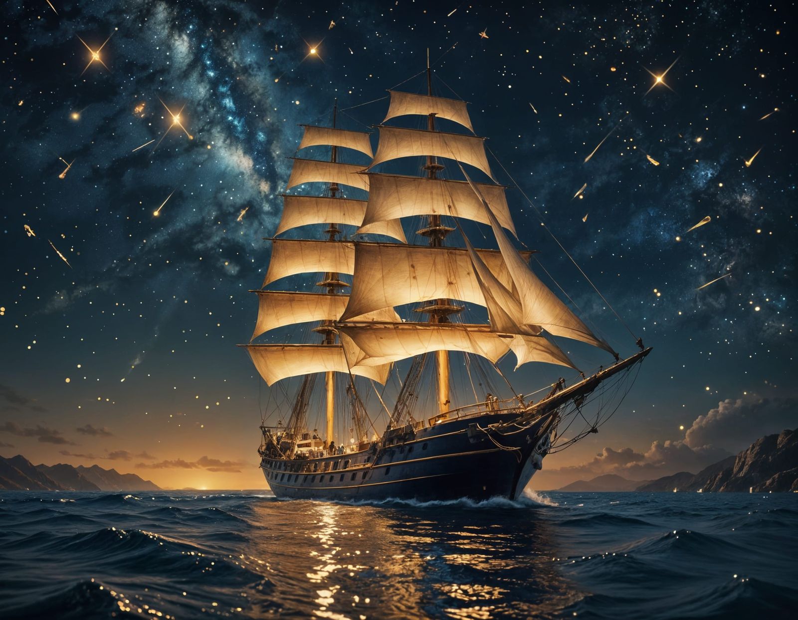 Sailing Ship Under Starry Night Sky