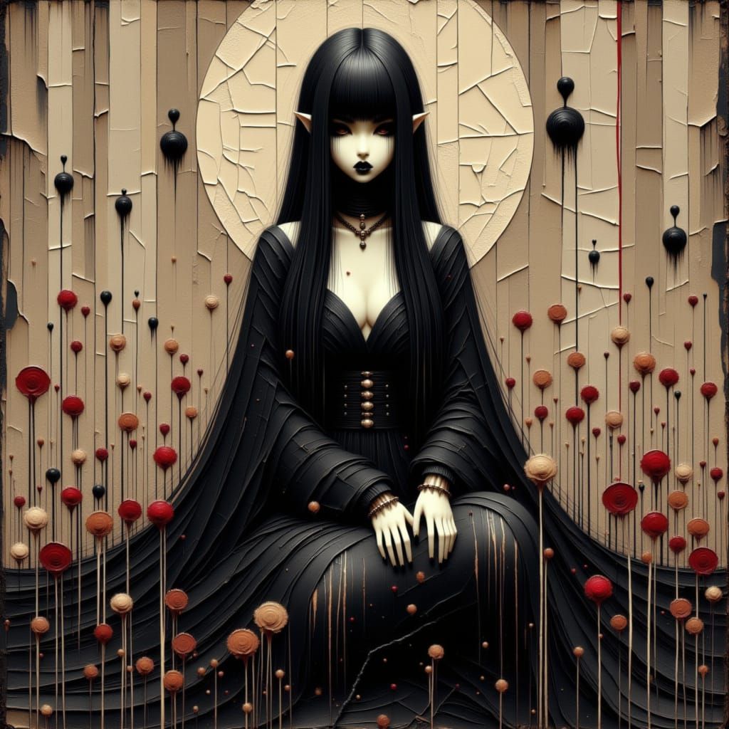 <lora:Moonchild:1.0> <lora:Muted Beauty:1.0> <lora:Goth Grunge Beauty:1.0> heavy extreme smudged oil impasto-style brushwork, An anime manga...