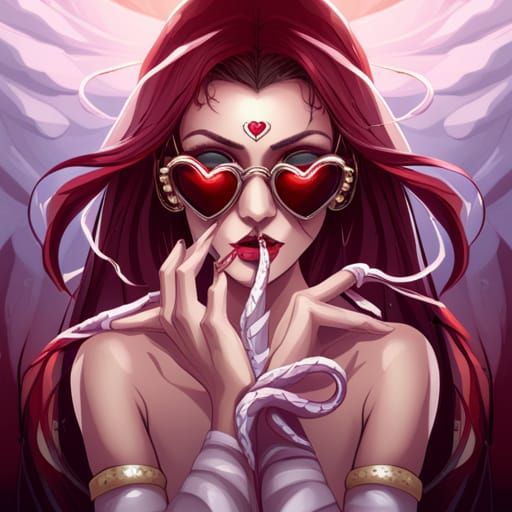 Gorgon Woman with white snakes with red eyes wearing heart s...