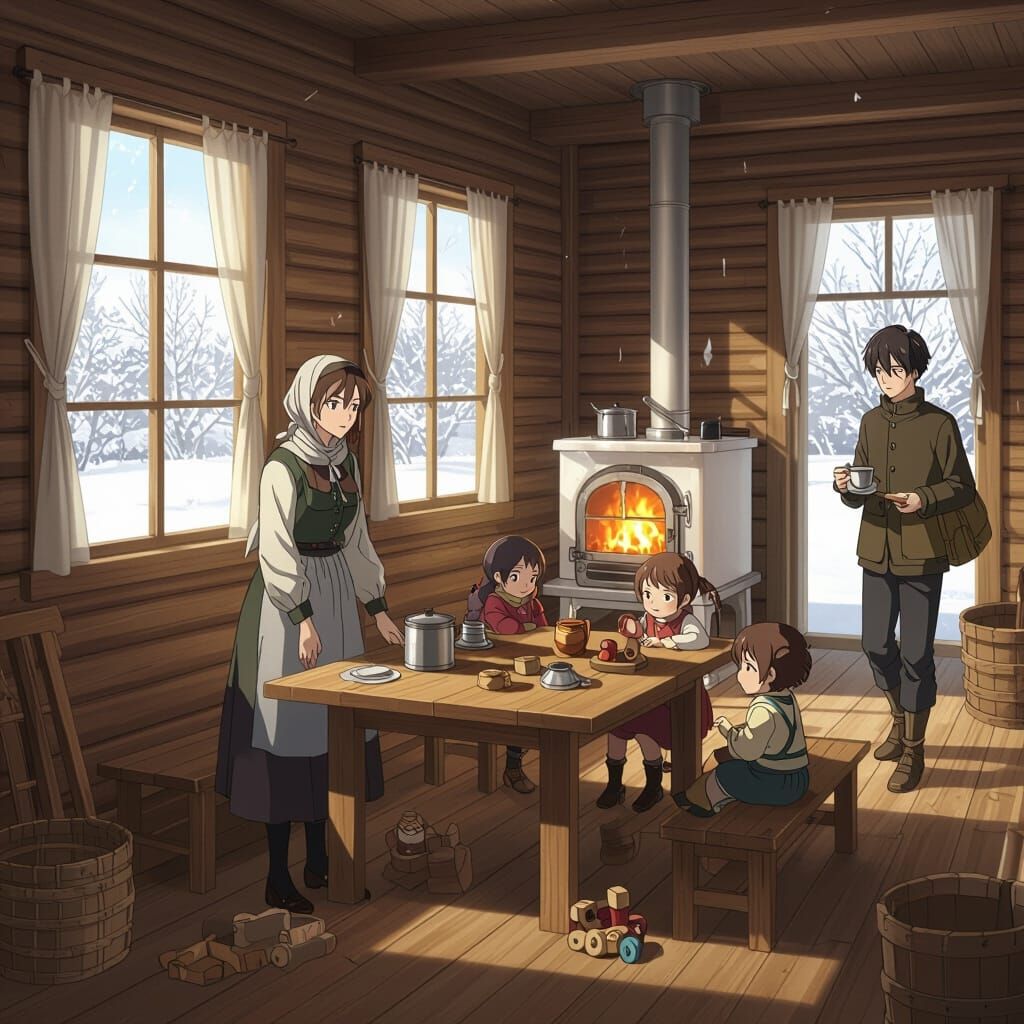 חדר עץ פשוט חלונות קטנים שנכנם אור חורפי המעום תנור אבן לבן רוסי בקצה החדר עדים חמים מהתנור שולחן עץ מרובע באמצע החדר עליו כלי פח פשוטים איש...