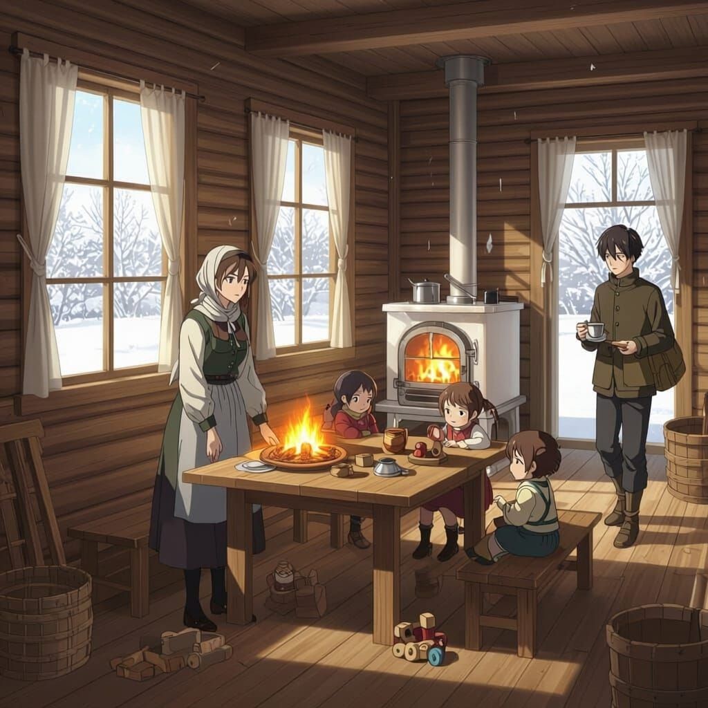Cozy Winter Room with Family in Anime Style