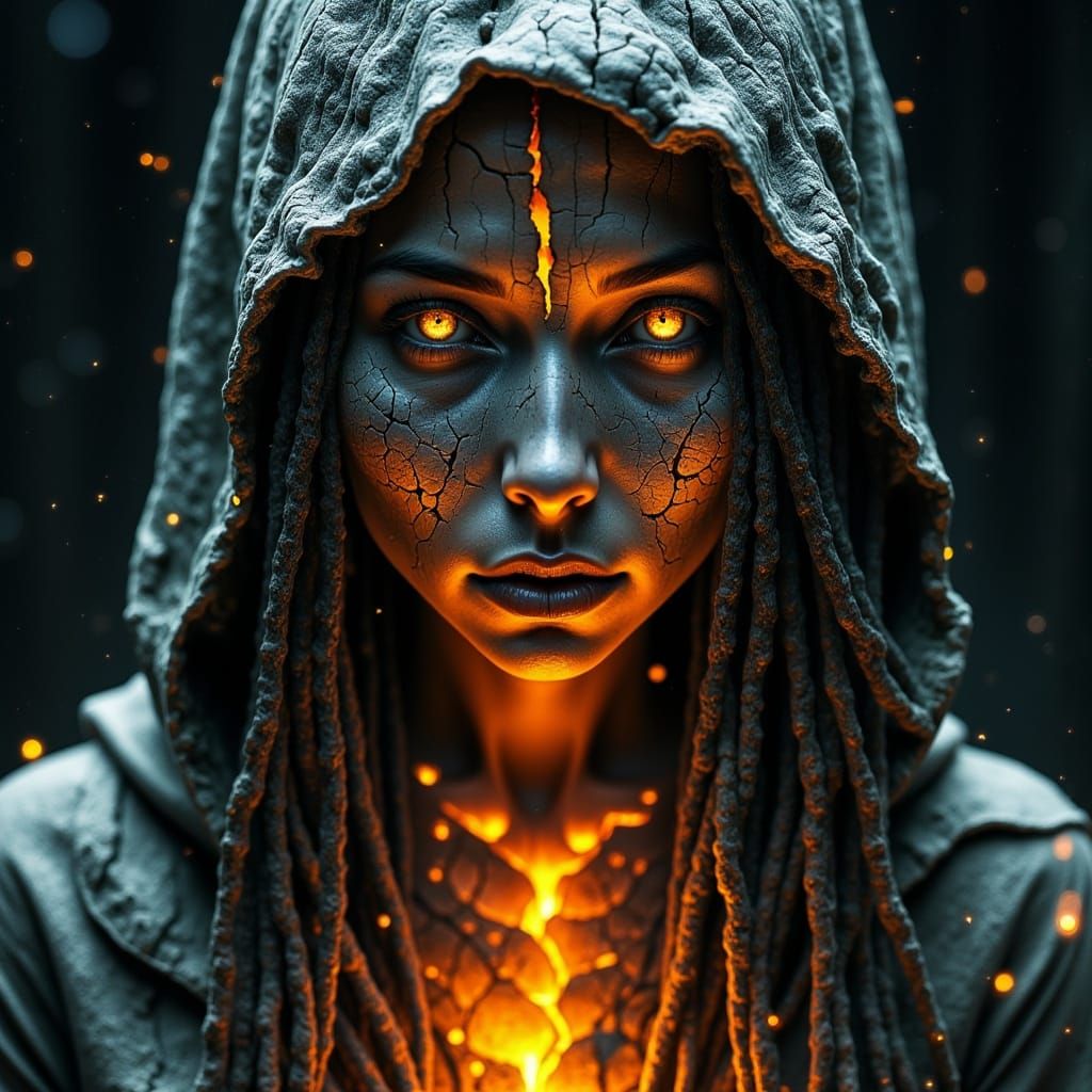 Fiery Earth Goddess with Weathered, Ancient Beauty